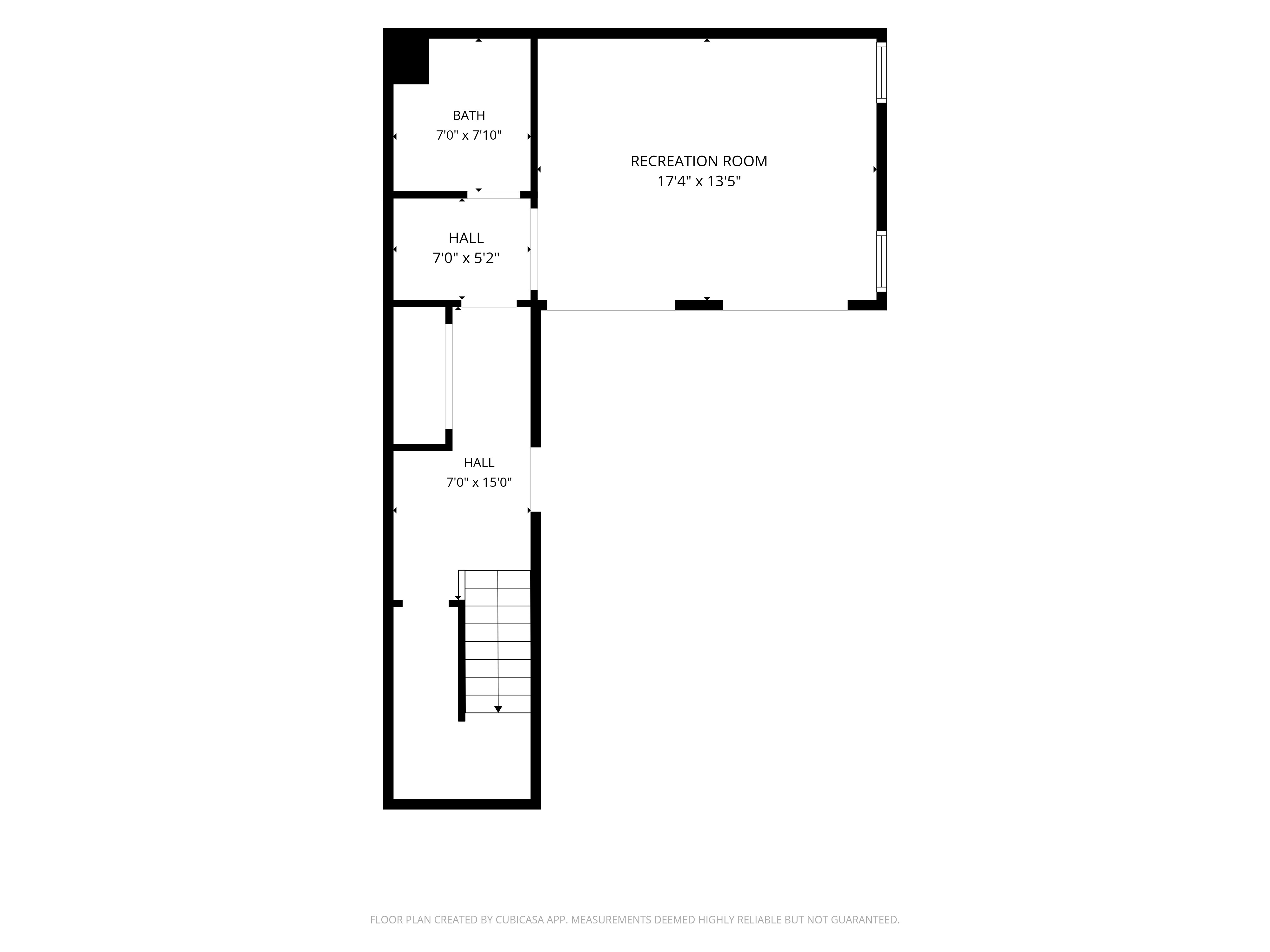 Lower level floor plan, Recreation room, bath, and hall