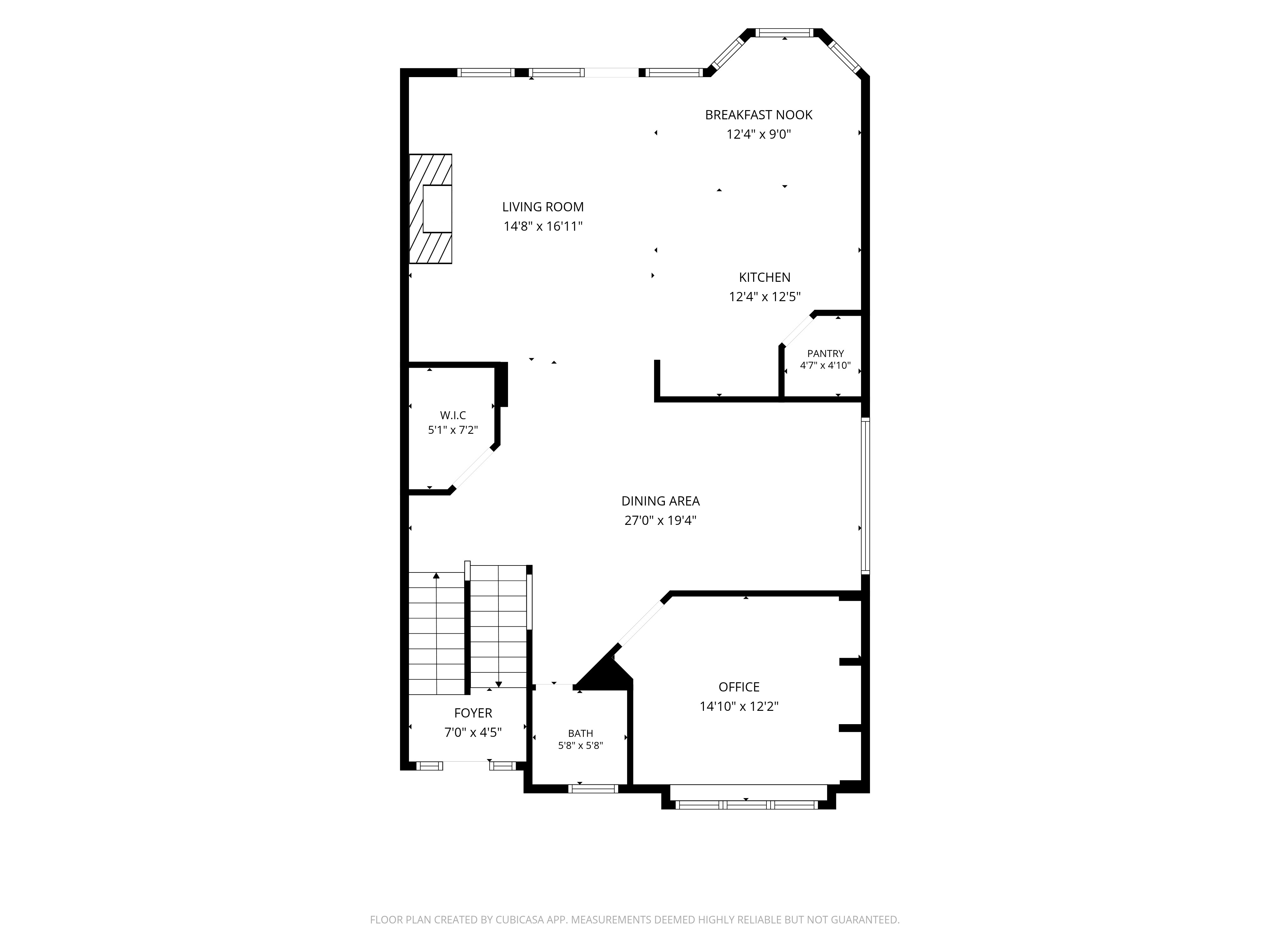 Main level floor plan, Living room, kitchen, dining area, office, and foyer