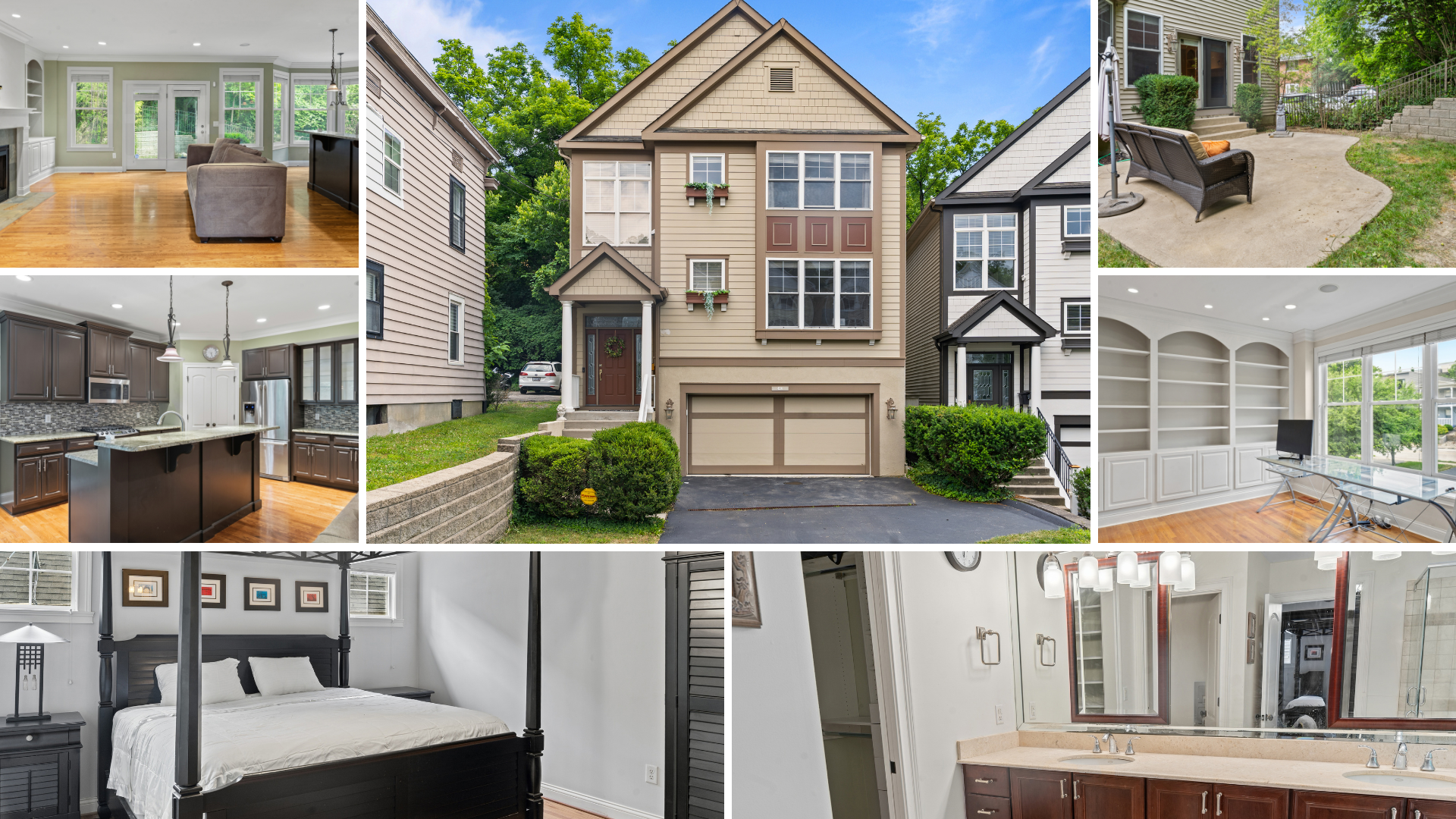 Listing collage showing exterior, living room, kitchen, home office, primary bedroom, and primary bathroom of the colonial-style home