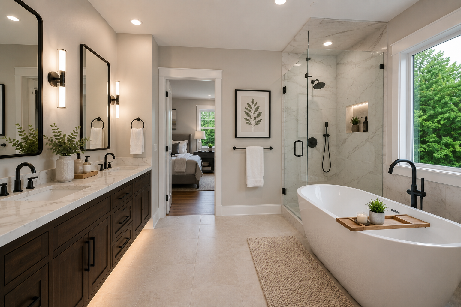 Luxury primary bathroom with double vanity, glass shower, soaking tub, and large window