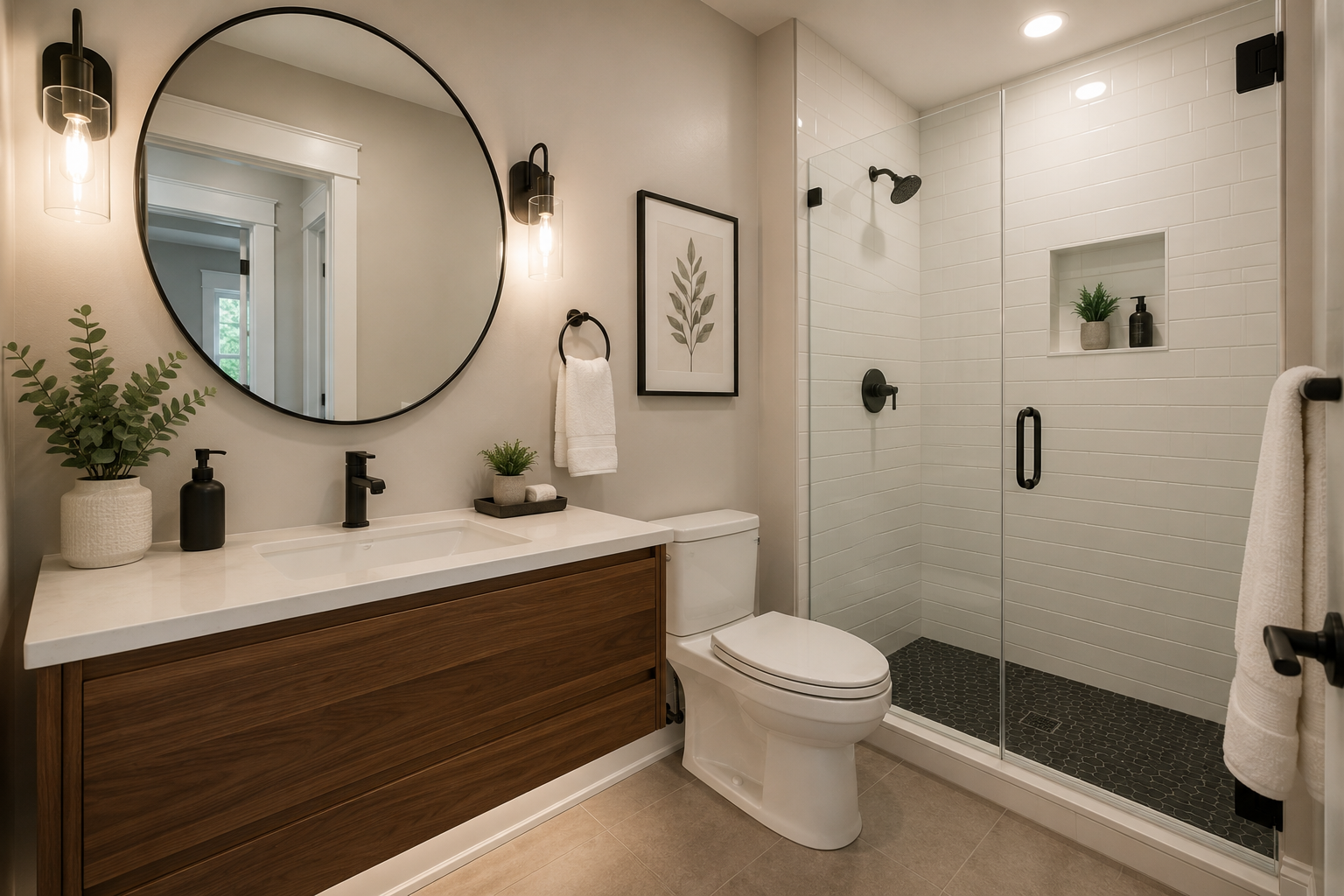 Bathroom vanity with round mirror, wood cabinetry, glass shower, and black fixtures