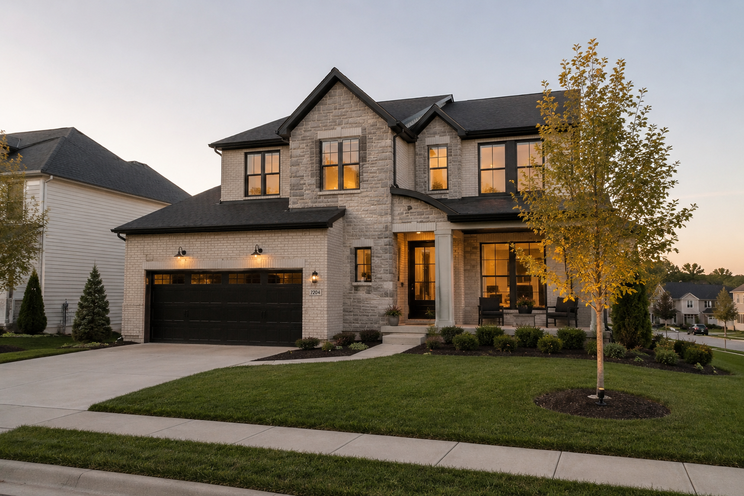 Twilight exterior real estate photo of a stone-front home with warm interior lighting
