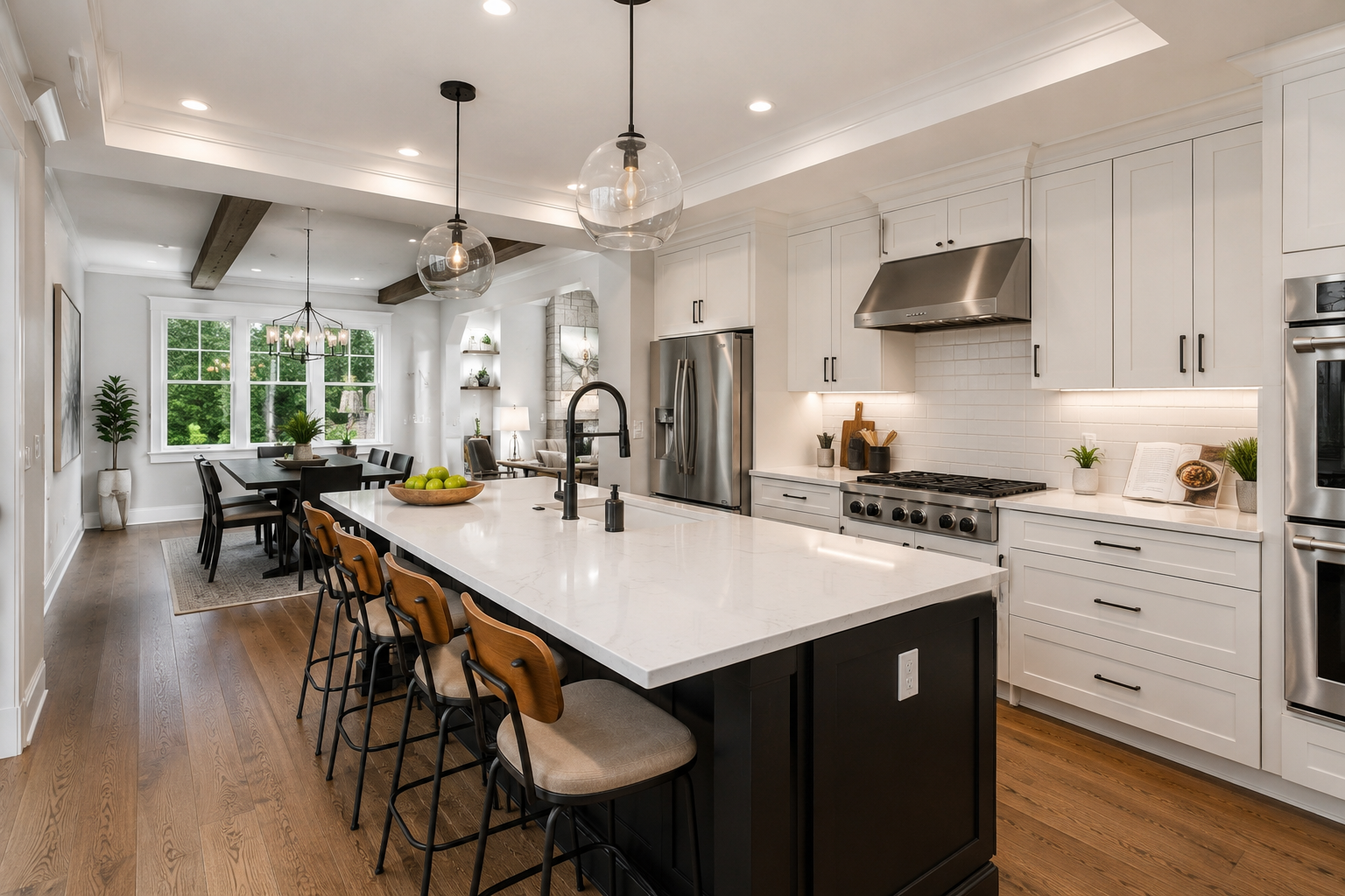 Bright modern kitchen with large island, white cabinetry, pendant lighting, and open dining area