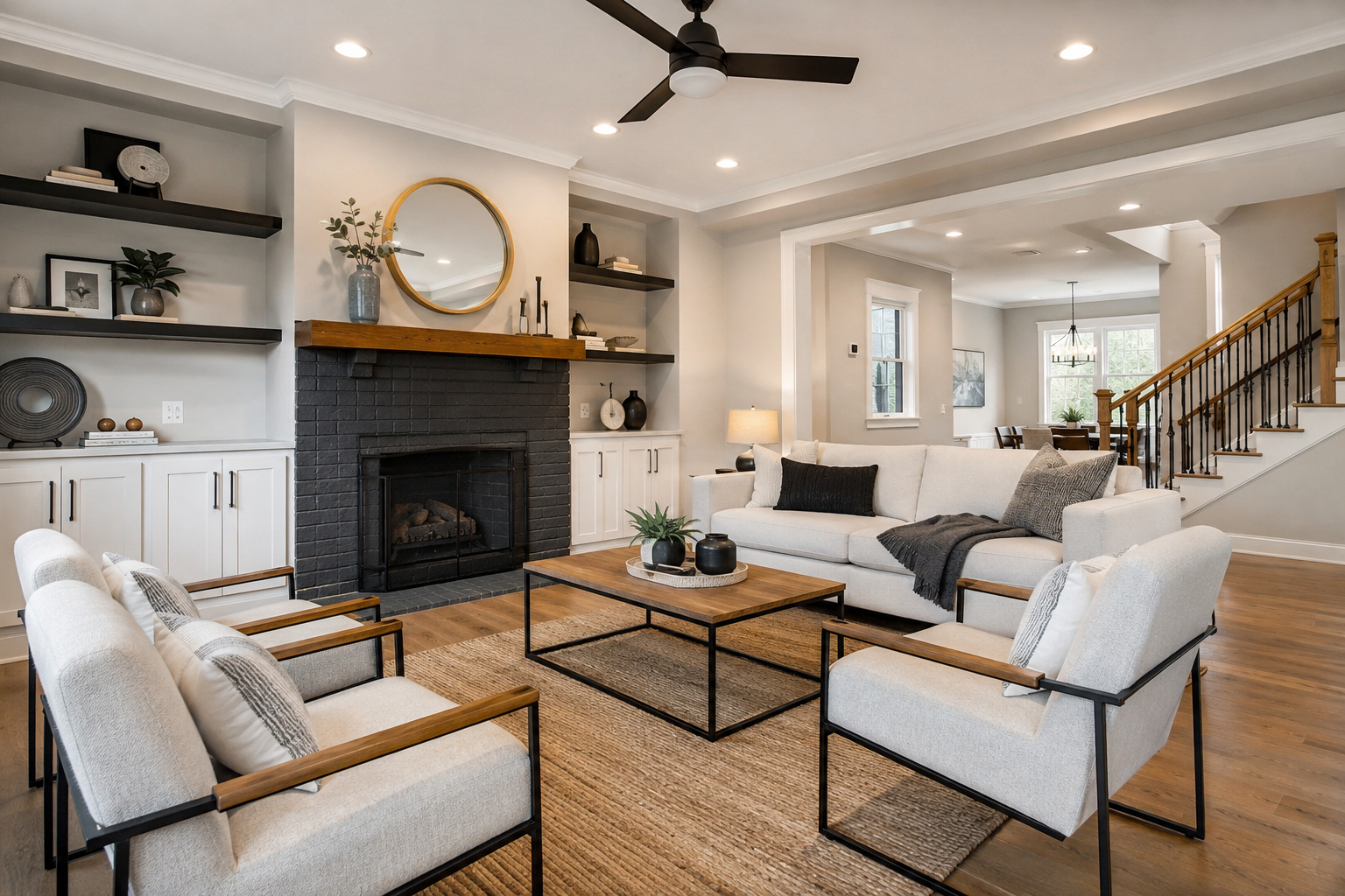 Staged living room with fireplace, built-ins, neutral furniture, and open sightline to dining area
