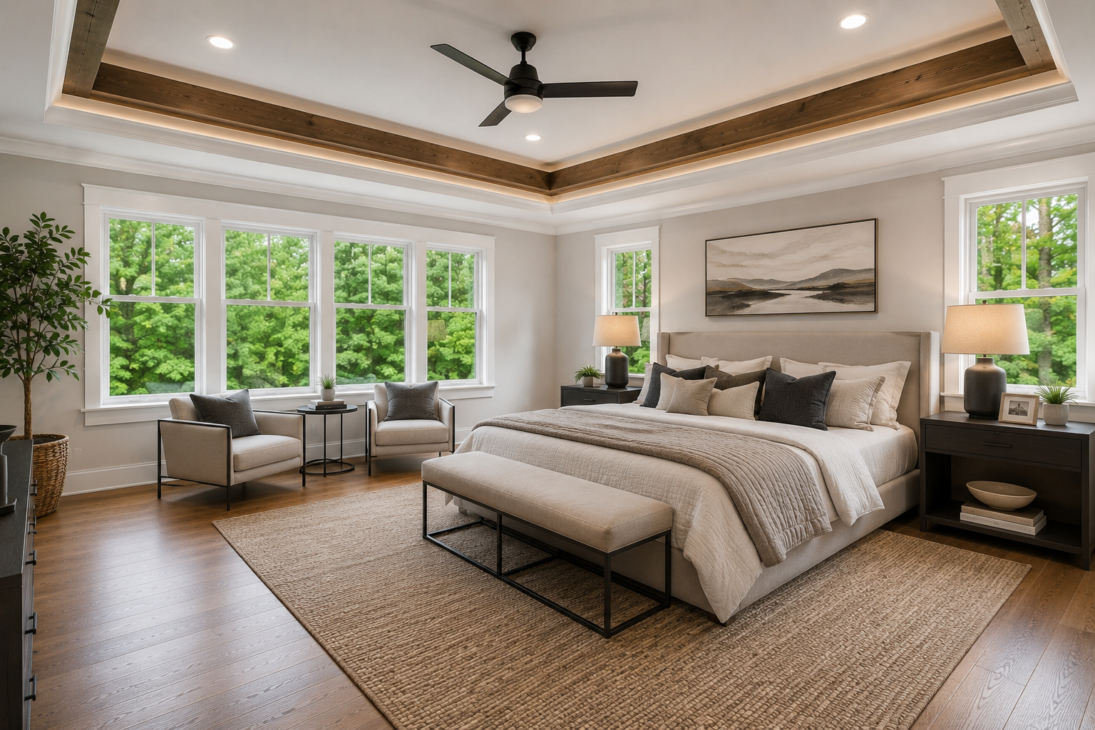 Primary bedroom with tray ceiling, wood beams, large windows, and neutral bedding