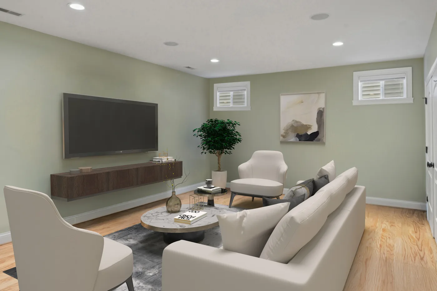 After: virtually staged Basement Living Room in Same Listing